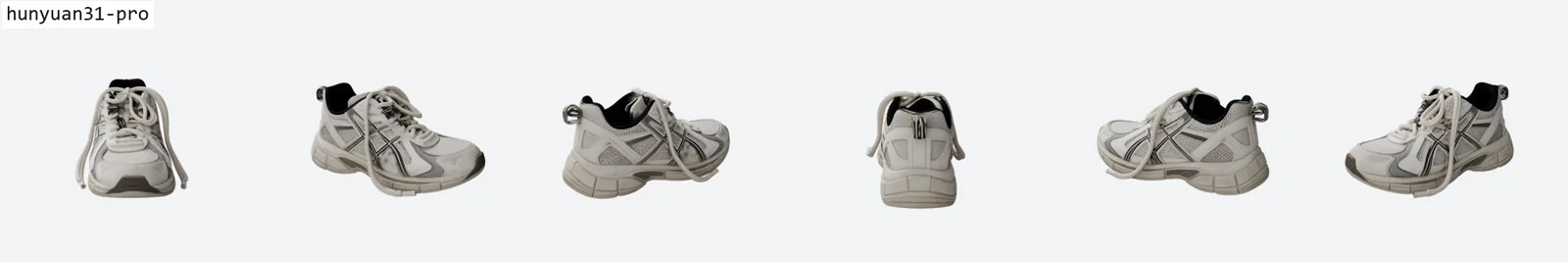 Six-view ring render of the sneaker by Hunyuan 3.1 Pro. The surfaces are smoother but the laces fuse into a smooth band in several views and the dark accents wash out to grey.