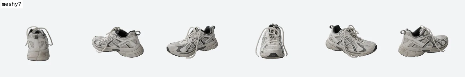 Six-view ring render of the sneaker by Meshy v7 with crisp stripes and free laces at roughly 31,000 triangles and 6.5 MB, the best quality-per-byte of any engine on this subject.