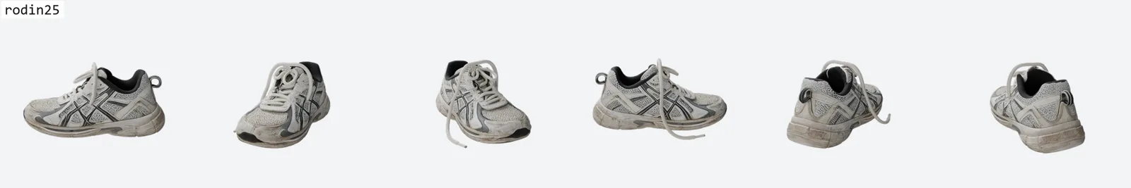 Six-view ring render of the sneaker by Rodin v2.5 showing the sharpest texture in the set: crisp dark side stripes, visible mesh perforation and preserved midsole wear.