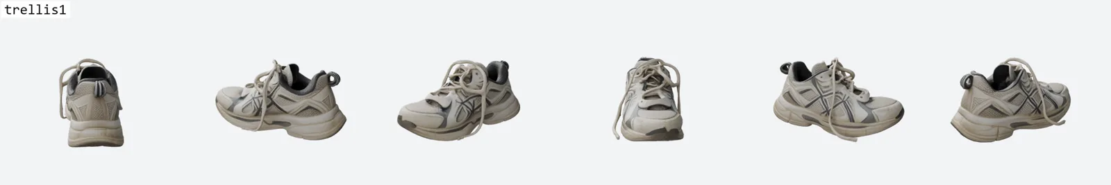 Six-view Blender ring render of the sneaker reconstructed by TRELLIS 1, the budget-band control. The laces separate into free 3D strands and the dark side-panel overlays hold. A genuinely good control result on this subject.
