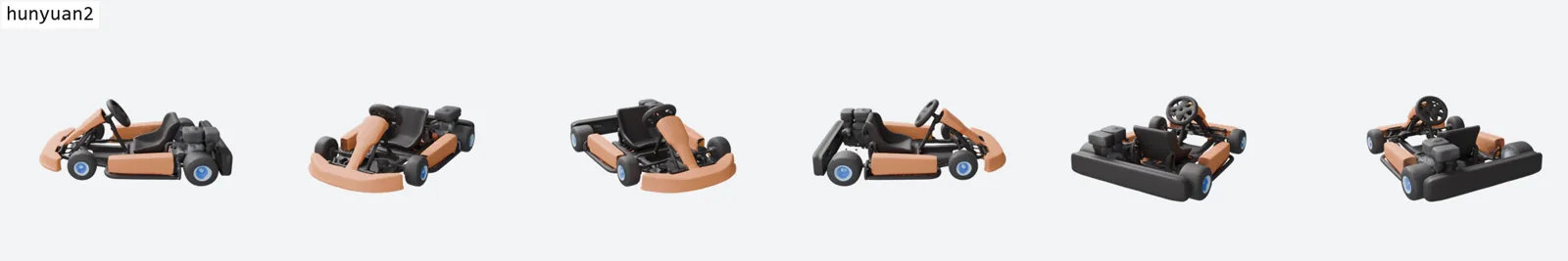 Six-view ring render of the go-kart by Hunyuan3D v2 showing its texture failure: the wheels are hallucinated blue instead of black, and the orange bodywork is desaturated to salmon.