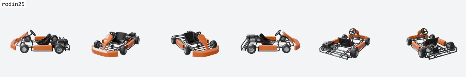 Six-view ring render of the go-kart by Rodin v2.5 with the most accurate saturated orange and the only rear frame rendered as an actual open tube ladder, though it loses some floor pan.