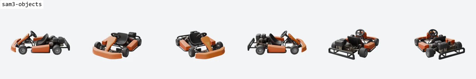 Six-view ring render of the go-kart by SAM-3 Objects at the control's price and three times faster, matching the control on colour without beating it.