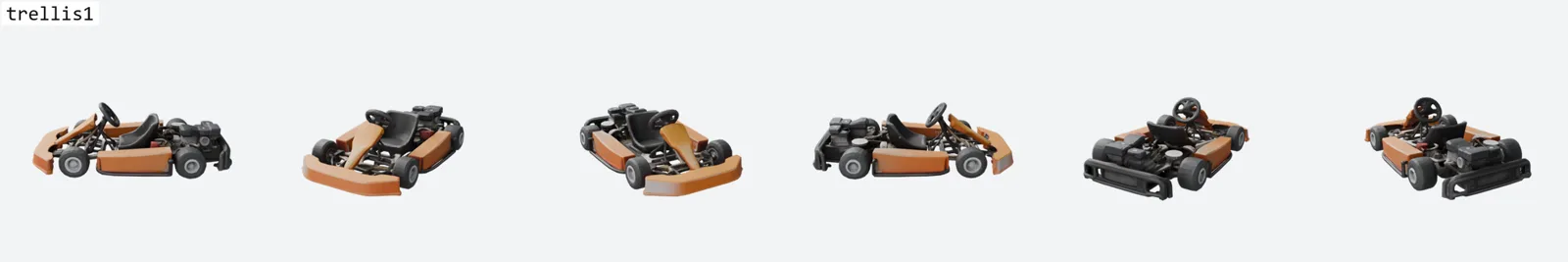 Six-view Blender ring render of the orange go-kart reconstructed by TRELLIS 1, the control. Coherent and correctly coloured, but the bumpers are thick blobby slabs, the frame tubes merge into the floor pan, and the rear reads as an undifferentiated black lump.