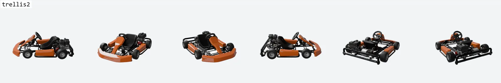 Six-view ring render of the go-kart by TRELLIS 2. Frame tubes separate from the floor pan, the steering wheel is a proper ring on a column, the engine resolves a cylinder and muffler, and a white decal on the nose survives.