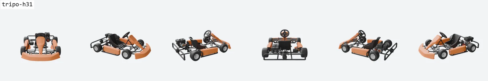 Six-view ring render of the go-kart by Tripo H3.1 showing the most geometric detail in the whole bench at 1.45 million triangles, but shipped with a 247 KB texture, so a 40 MB file that still looks muted.