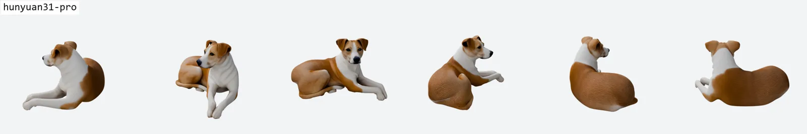 Six-view ring render of the lying dog by Hunyuan 3.1 Pro with eyes, a dark nose, defined ears, separated legs, and the best hindquarters in the bench, reading as a dog rather than a mound.