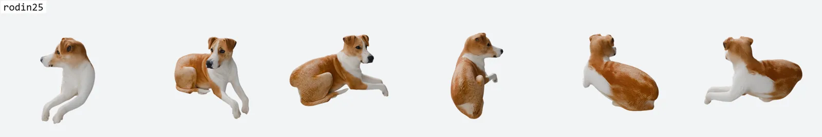 Six-view ring render of the lying dog by Rodin v2.5 showing the best head in the bench: sharp eyes, wet nose, fur shading and toes. One view shows the body oddly cropped at the legs.