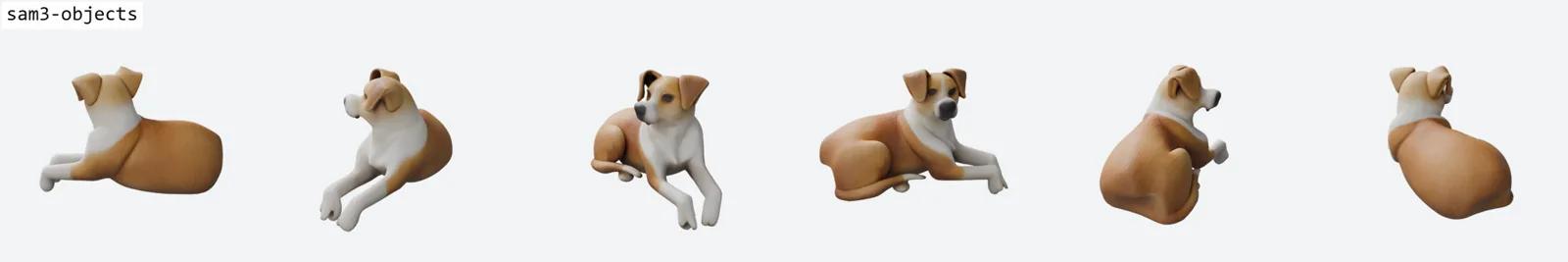 Six-view ring render of the lying dog by SAM-3 Objects, which at the same price as TRELLIS 1 produces a face with actual eyes, nose and ears where the control produces a blob. The body is still a smooth loaf.