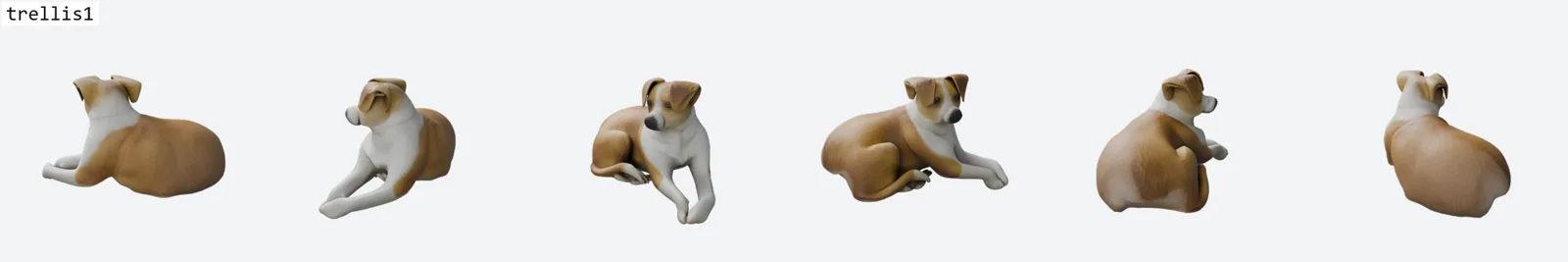 Six-view ring render of the lying dog by TRELLIS 1, the control, showing its outright failure: the muzzle and eyes collapse into a smooth blob, the front legs fuse into a mitten, and the body is a featureless loaf.