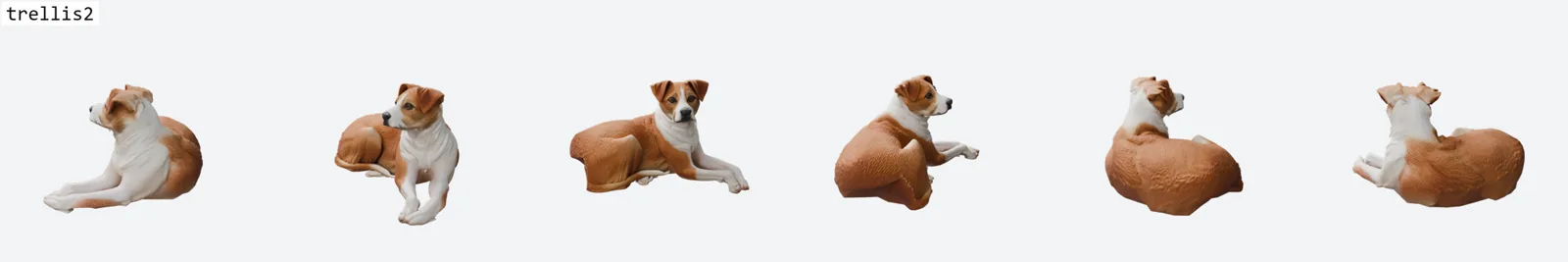 Six-view ring render of the lying dog by TRELLIS 2 with real eyes with pupils, a defined muzzle and nose, separated front paws with toes and fur texture on the body. The rear is still loaf-like.