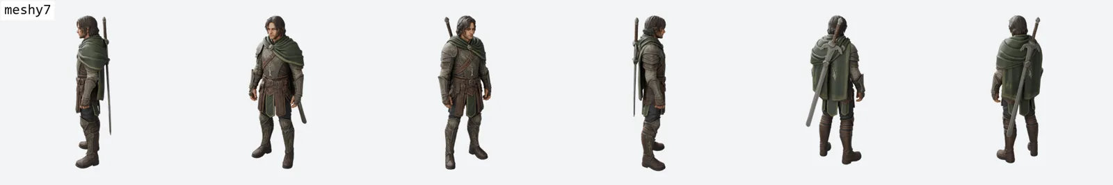 Six-view ring render of the armoured ranger by Meshy v7, the only engine that reconstructs the sword as a separate blade rather than a stick fused to the back, with clean armour, tabard and belts at about 31,000 triangles.
