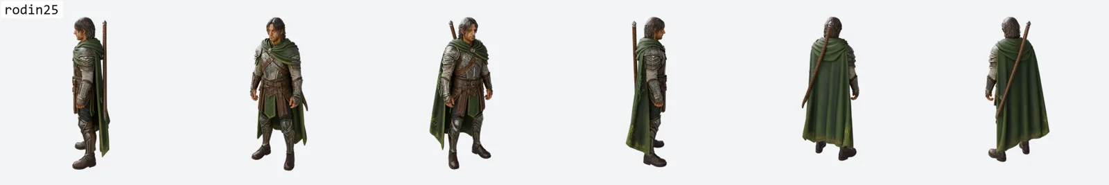Six-view ring render of the armoured ranger by Rodin v2.5, the best result in the bench on this subject: the reference's actual likeness comes through in the brow, cheekbones and hair strands, with engraved armour, a readable tabard and embroidery visible on the cloak hem. It beats our TRELLIS 2.