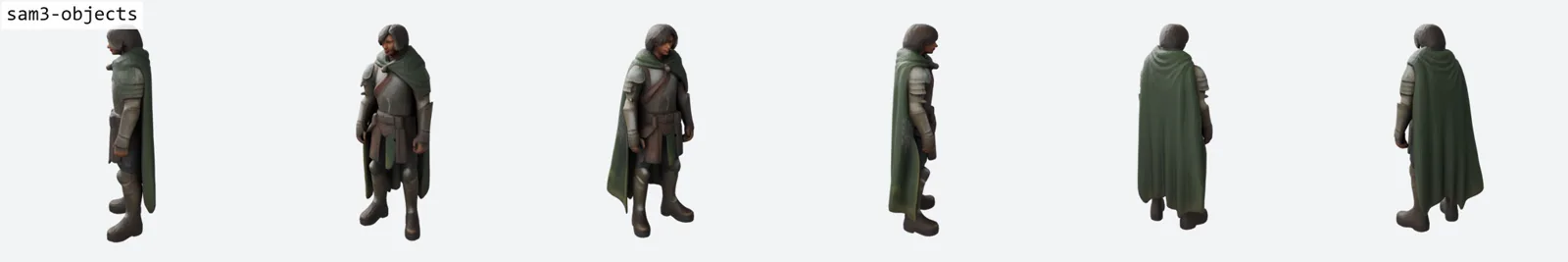 Six-view ring render of the armoured ranger by SAM-3 Objects showing a featureless blob face, a mushy figure and a cloak reduced to a smooth sheet. Its go-kart and dog wins do not generalise to characters.