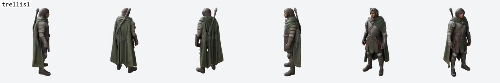 Six-view ring render of the armoured ranger character by TRELLIS 1, the control. The face is a smudge with no resolvable features, the armour is generic grey and the feet fuse. The cloak drape is the one thing it gets right.