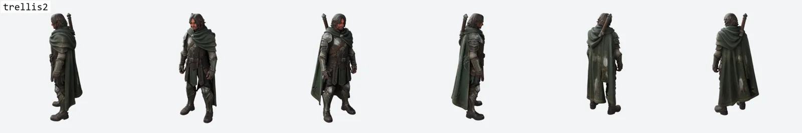 Six-view ring render of the armoured ranger by TRELLIS 2 with real facial structure, surface detail on the armour, readable belts and pouches, separated boots and a properly draped rear cloak.
