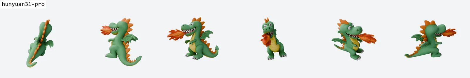 Six-view ring render of the dragon by Hunyuan 3.1 Pro with good quality spikes, wings and flame, but the whole mesh comes back pitched about 45 degrees off upright, and nothing in the API payload flags it.
