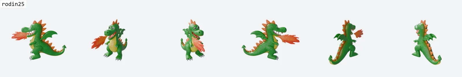 Six-view ring render of the dragon by Rodin v2.5 with sharp scale texture, wings separated into real membranes with finger bones, distinct claws and a clean flame, upright and stable.