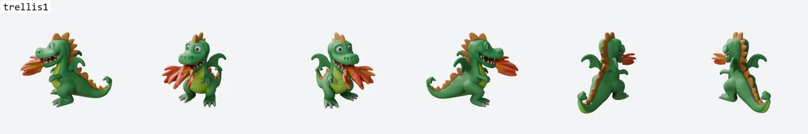 Six-view ring render of the crayon-drawing dragon toy by TRELLIS 1, the control, with eyes with pupils, teeth, spikes, wings, tail and the orange flame jet all present and correctly coloured. The control's best subject.