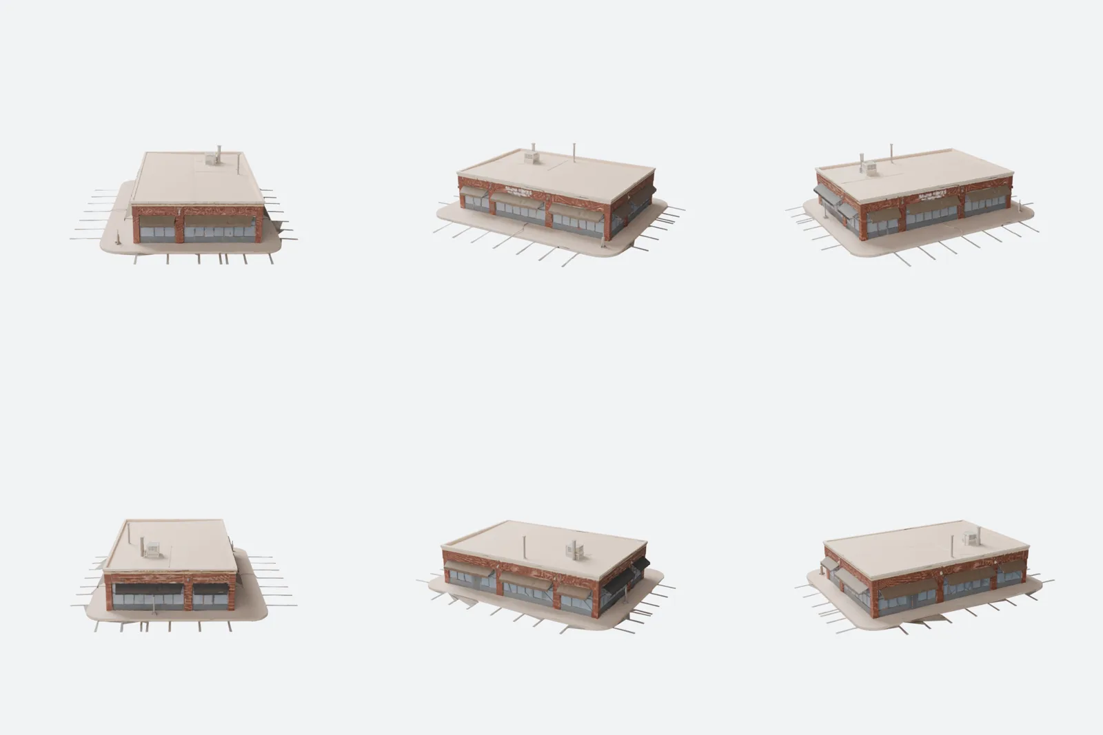 Render of a strip mall scene generated by Meshy v7 text-to-3D: five glazed storefront bays, brick pilasters against tan stucco, a parapet roof carrying individually modelled HVAC units and vent stacks, awnings, a sidewalk and a parking lot with light poles.