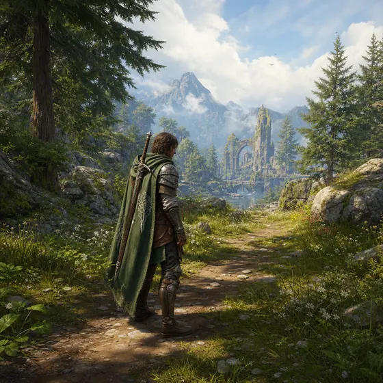 A game screenshot of a cloaked adventurer, grabbed mid-game in a forest