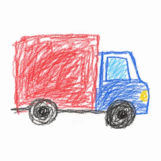 A child's crayon drawing of a red and blue truck