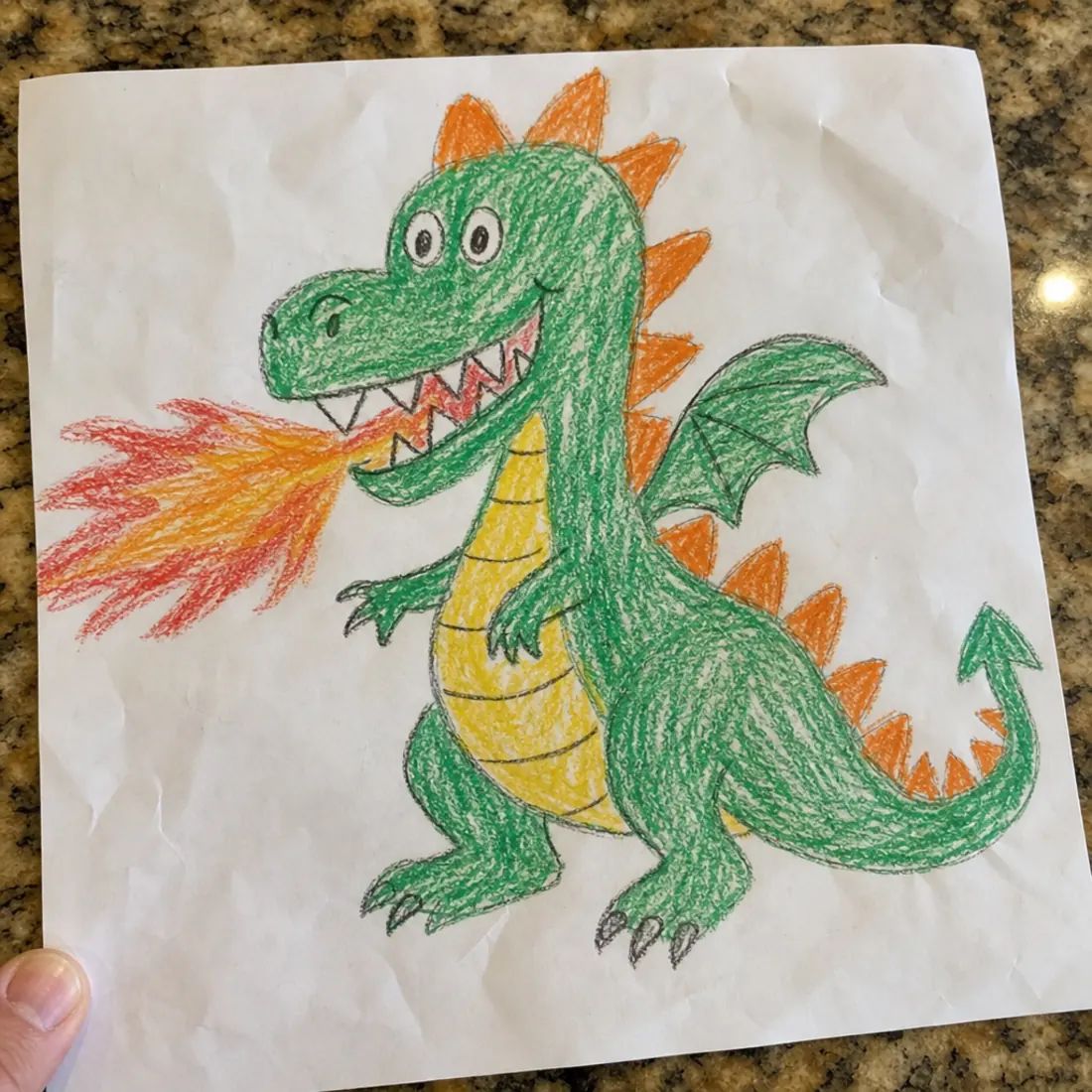 A child's crayon drawing of a green dragon, photographed on a worktop