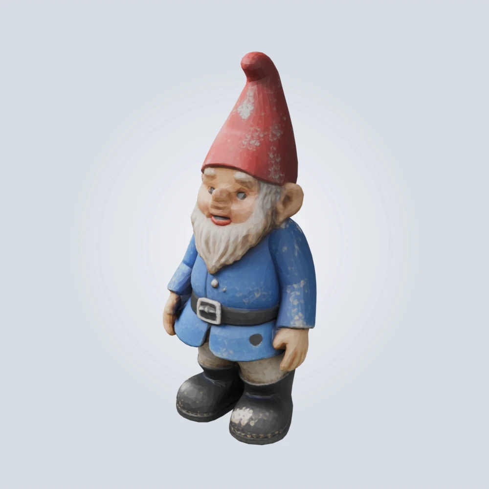 3D model generated from a photo of a garden gnome on a lawn