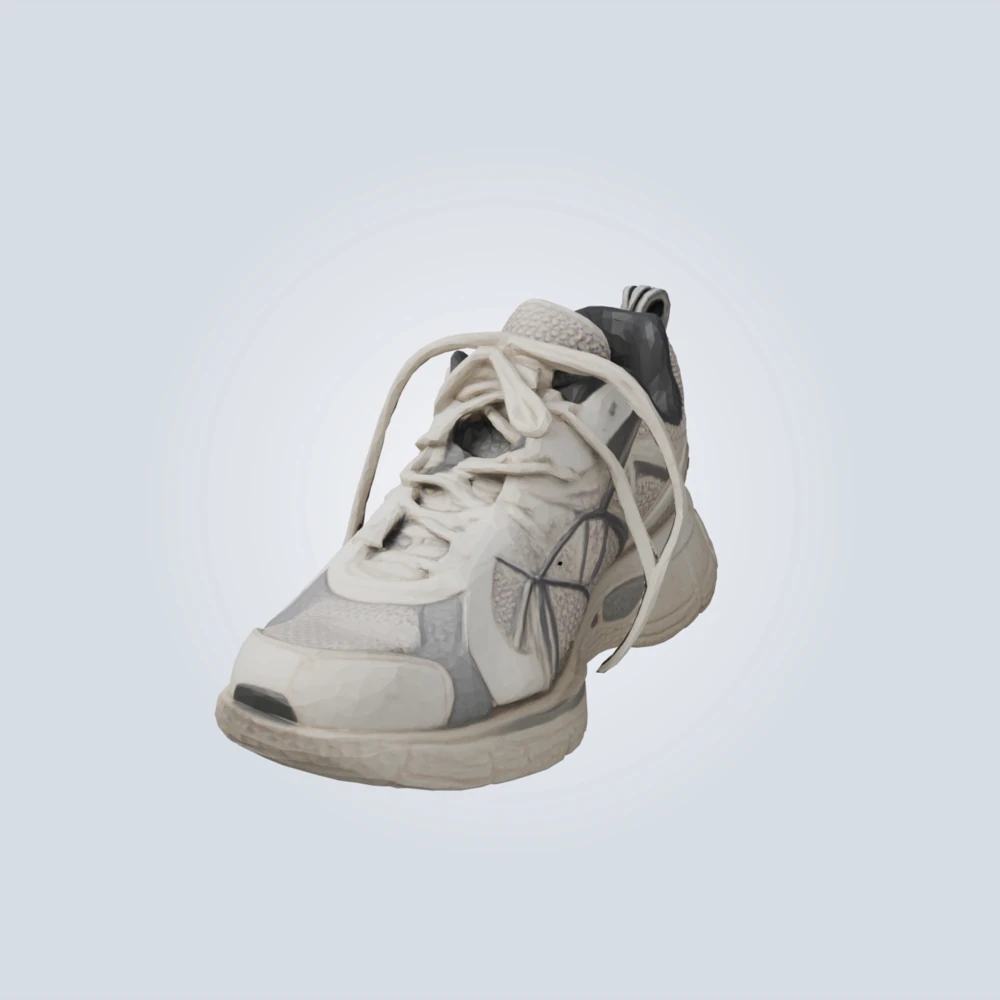 3D model generated from a photo of a sneaker on a bedroom floor